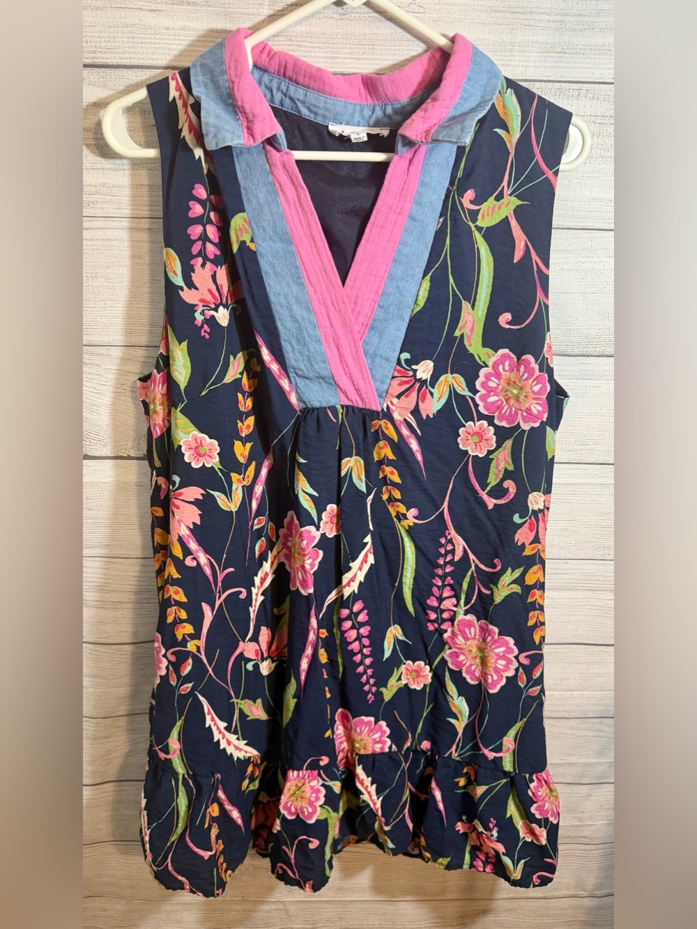 THML Navy Floral V-Neck Dress with Pink Trim